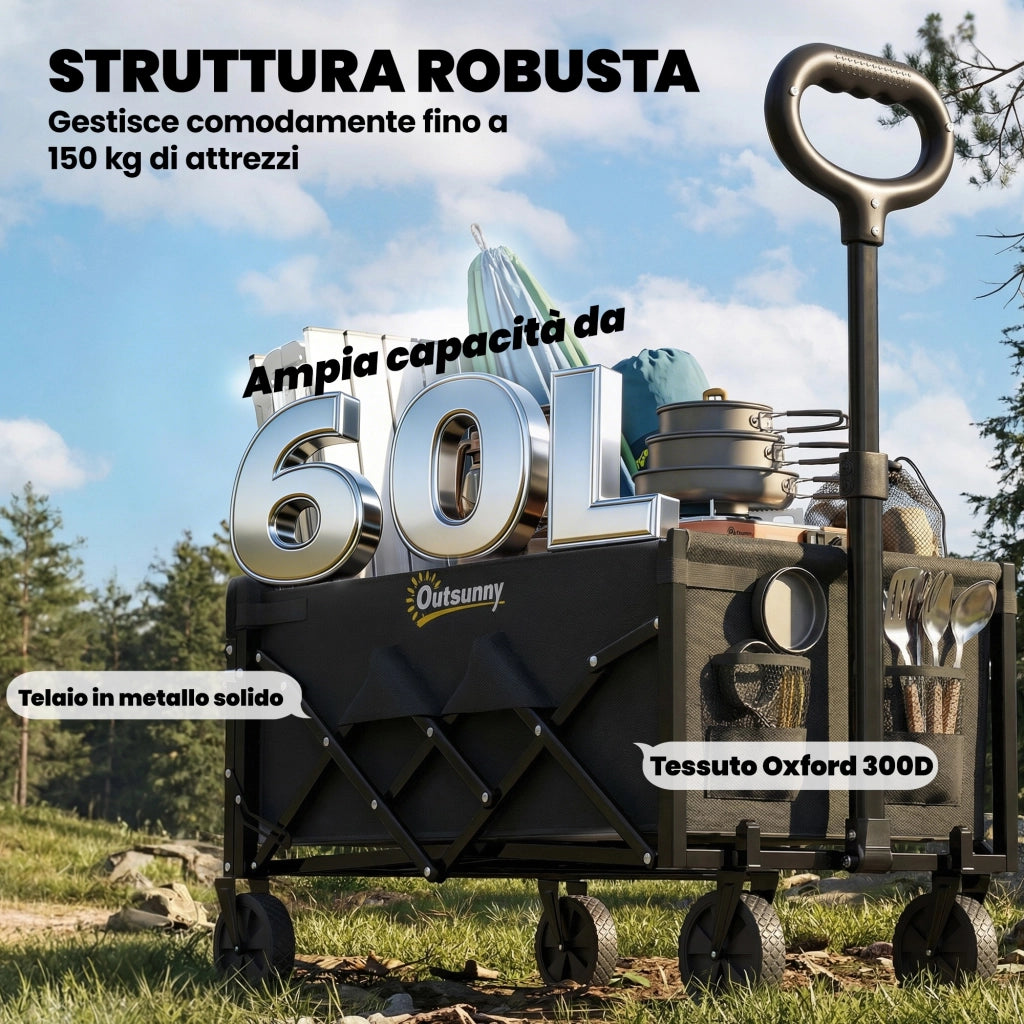 Carrello da Giardino Pieghevole da 60L con Ruote e Lato Apribile. Nero