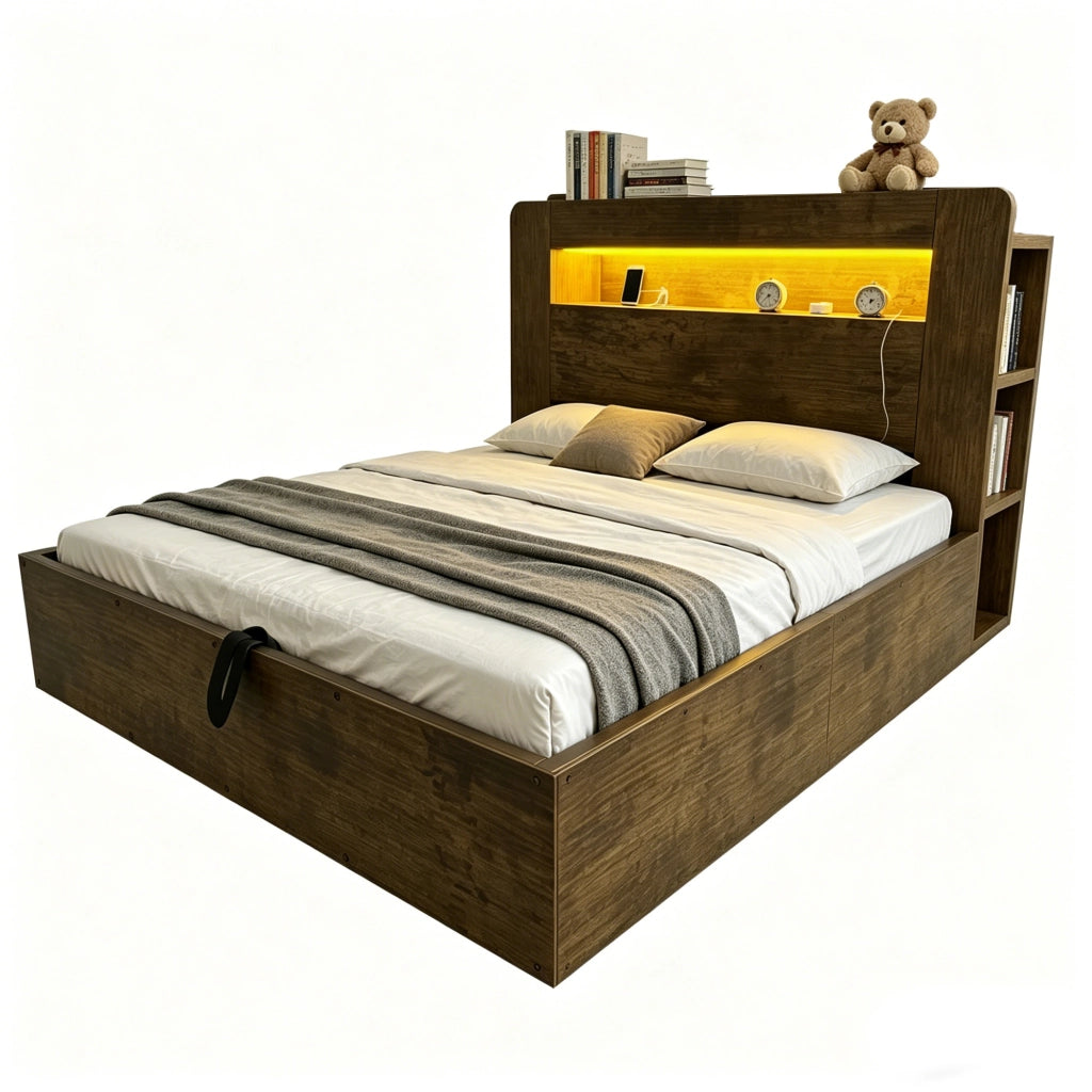 Letto 140x200 cm con contenitore idraulico; LED e prese in legno colore naturale