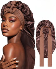 Due cuffie da sonno in seta lunga per donne, cuffie da sonno protettive per capelli, con cinturino elastico, adatte per capelli ricci lunghi, unico modello adatto a tutte le misure. Caffè scuro