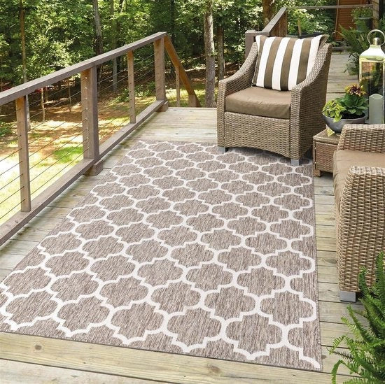 Tessuto esterno in panno - Tappeto per terrazza e balcone con disegno geometrico moderno - 80/150 cm - Beige