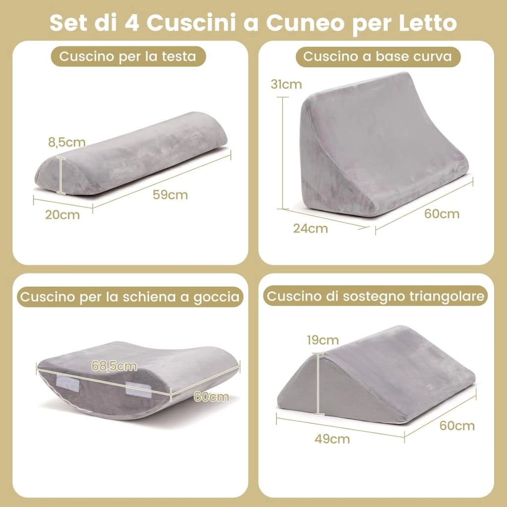 Set di 4/6 Cuscini Regolabili a Cuneo, Cuscino a Cuneo per Letto in Memory Foam, per Alleviare il Dolore alla Schiena Collo e alle Gambe, Poggiatesta Rimovibile, Grigio (4 Pezzi)