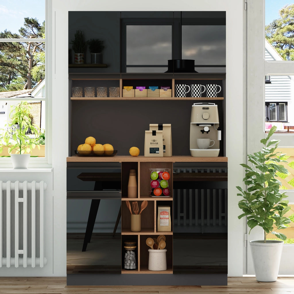 Credenza da Cucina con Ante; Cassetto; Ripiani Regolabili e Vani Aperti in MDF 105x45x185 cm Nero e Naturale