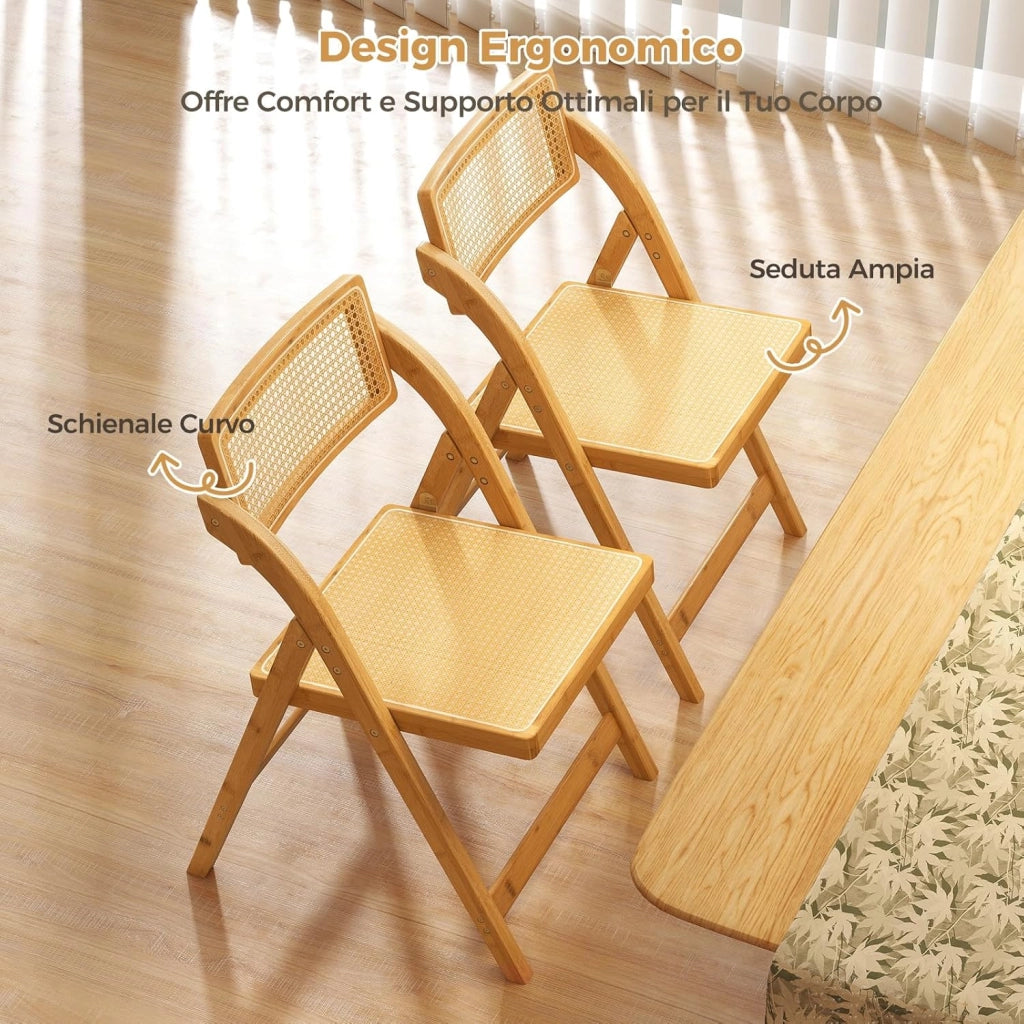 Set di 2 Sedie Pieghevoli in Rattan, Sedie da Sala Pranzo in Bambù con Schienale Rotolante, Sedie Stile Boho Senza Necessità di Montaggio, Capacità di 150 kg, per Cucina e Soggiorno, Naturale