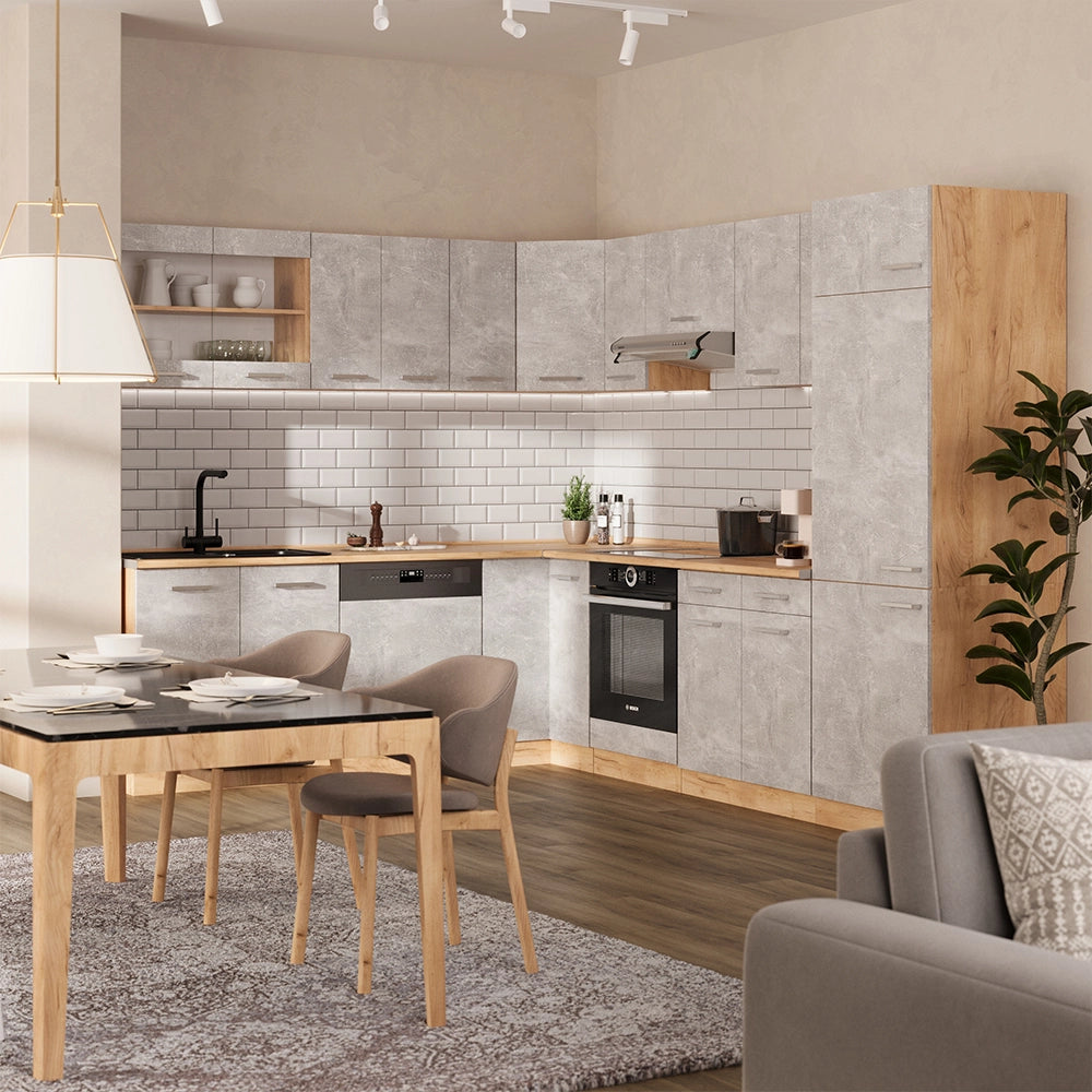 Cucina angolare completa R-Line Calcestruzzo/Rovere dorato 287 x 227 cm, PL Marmo Vicco