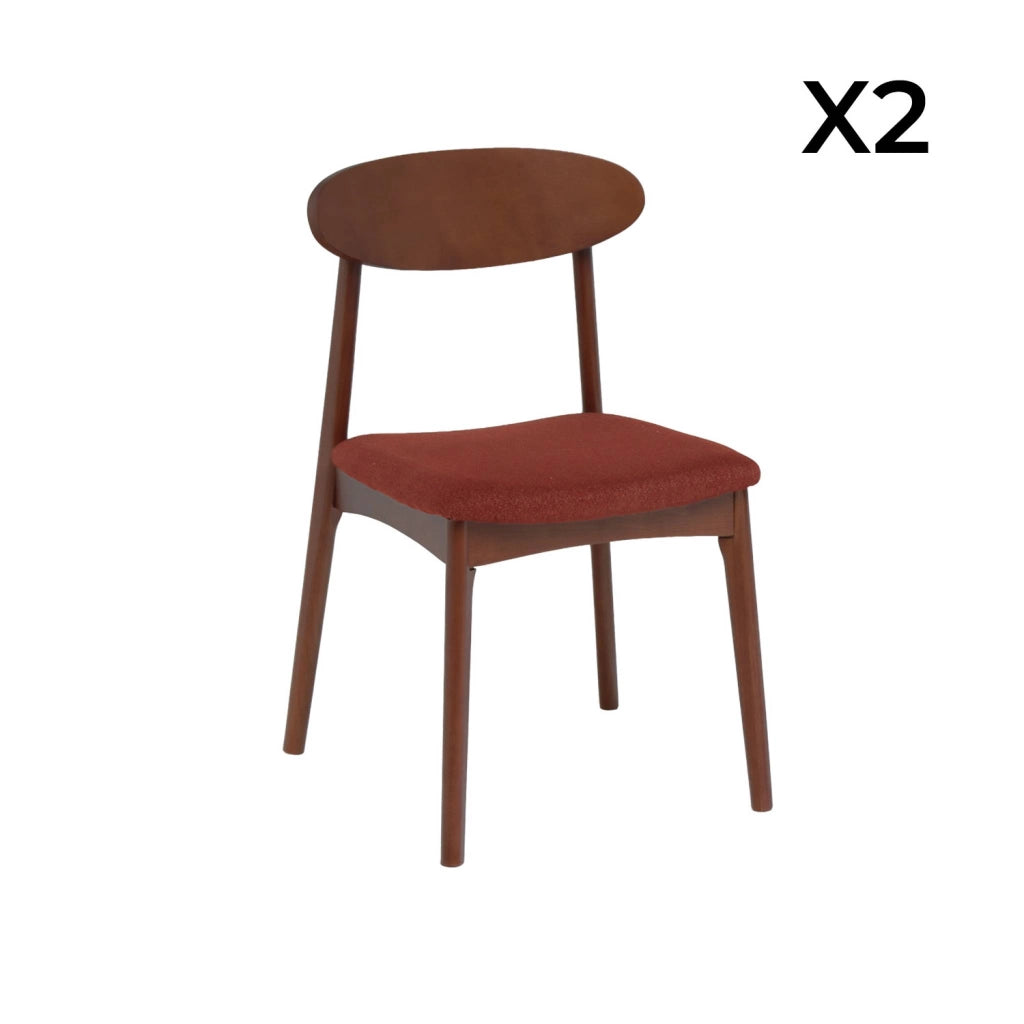 Set 2 sedie vintage in legno di hevea noce e tessuto, terracotta