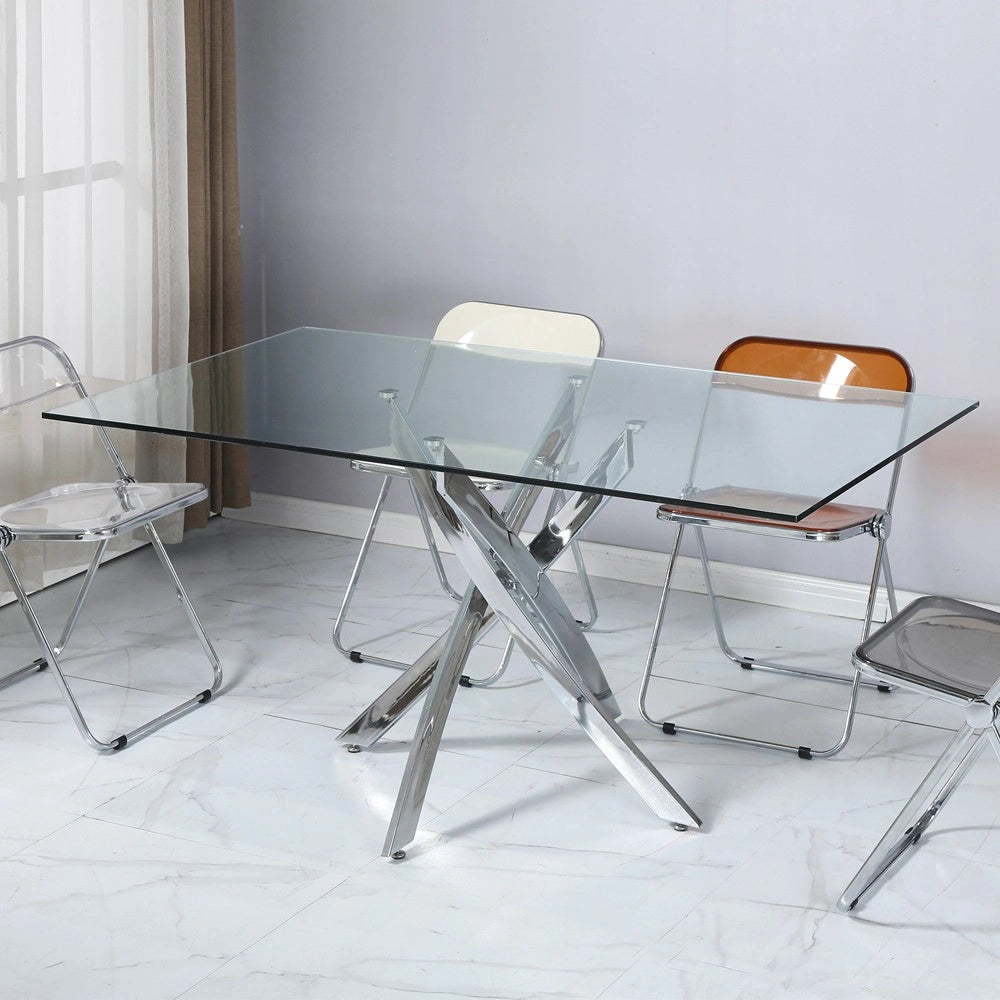 Tavolo da Pranzo Peyton 160×90 cm in Vetro Temperato con Gambe Incrociate Cromate