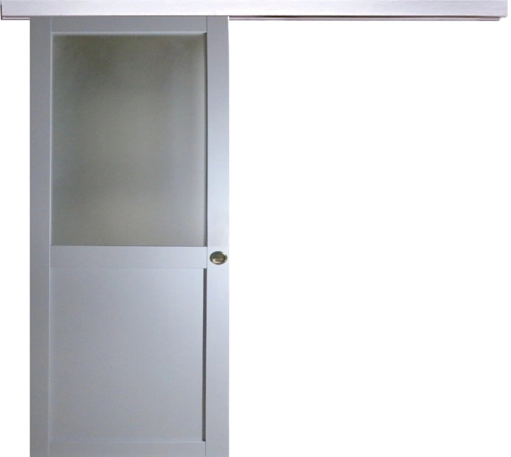 Porta scorrevole Athena Style Atelier En Enrobe Gris Clair Largeur 83 + Rail Alu Bandeau alu + 2 Coquilles Posees