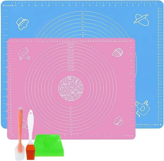 Mat di silicone da forno - 2 pezzi - riutilizzabile - rivestimento antiaderente - mat di fondant - mat per impastare - con raschietto - spazzola per barbecue - spatole - blu - 70 x 50 cm