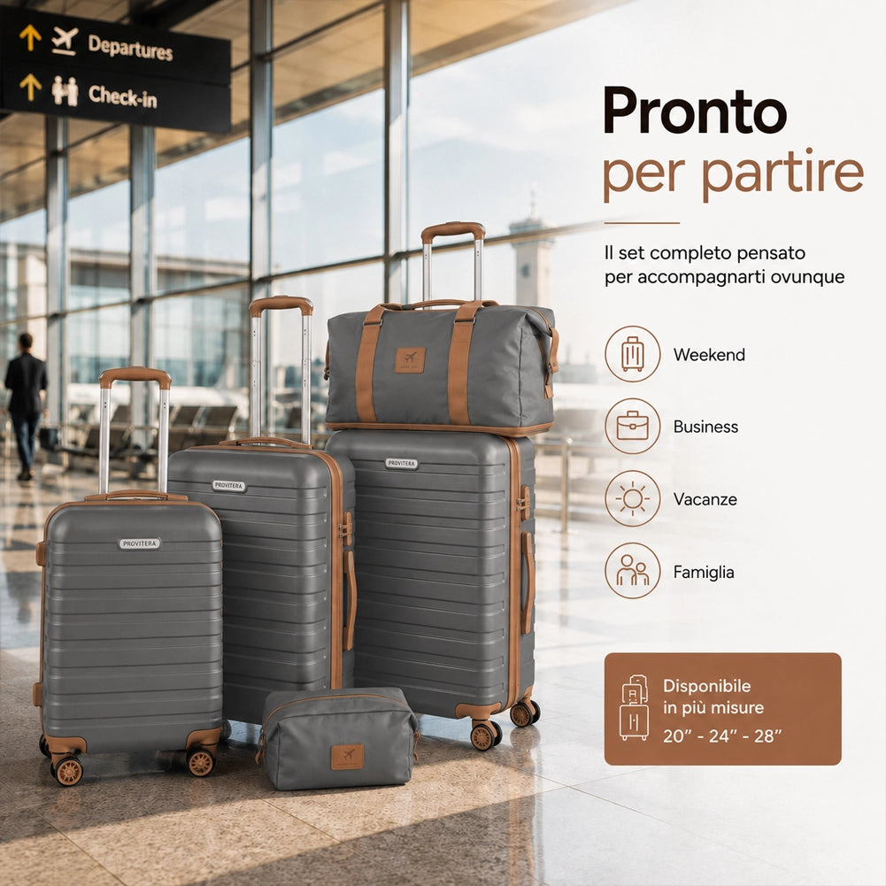 Set 6 Pezzi Valigie Rigide Family in ABS Beauty Case Grigio e Marrone 55/66/75cm