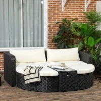 Salotto da Giardino con 2 Poltrone e 2 Poggiapiedi in Rattan PE, Tavolino in Vetro, Nero
