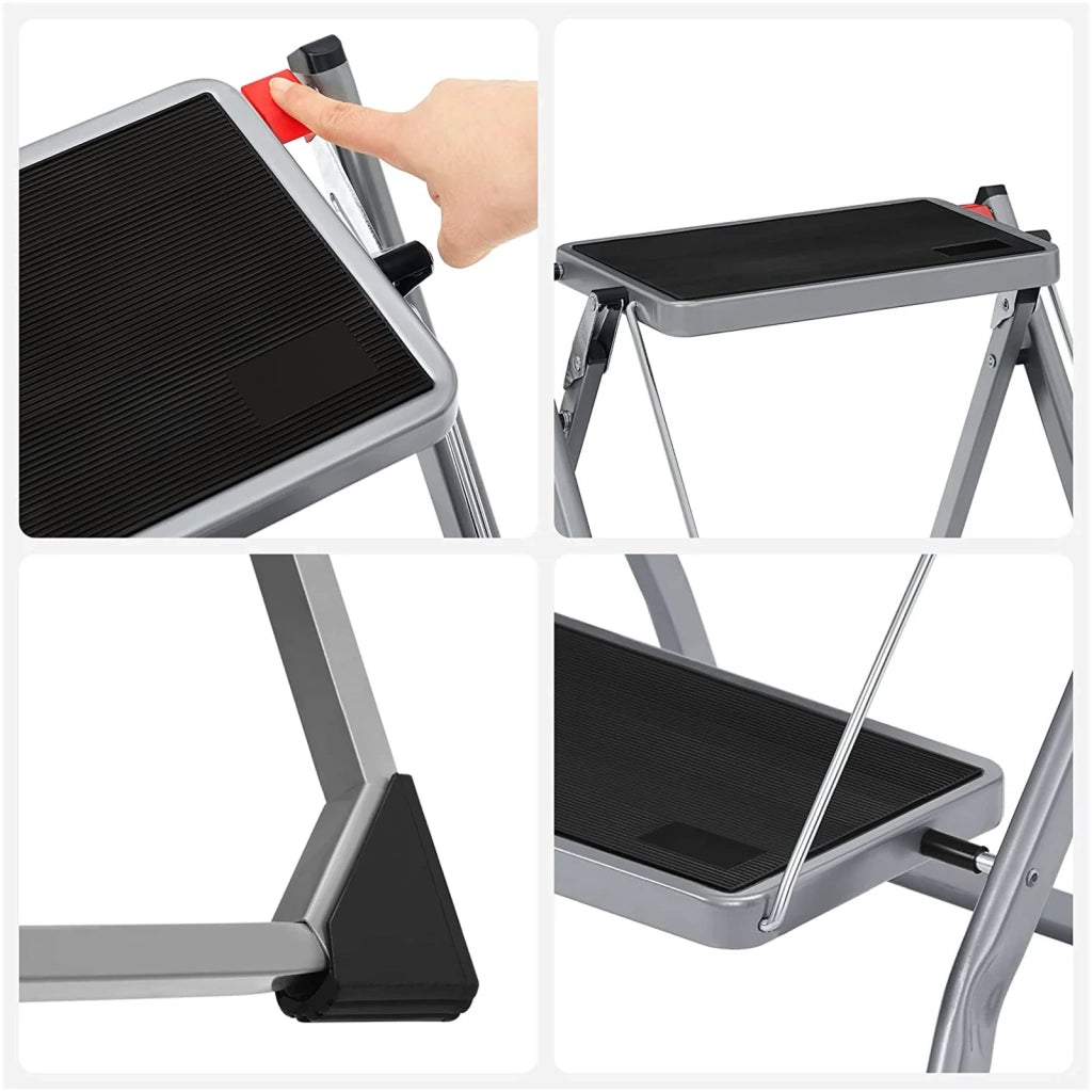Sgabello pieghevole a 2 gradini larghezza gradino 20 cm gomma antiscivolo con maniglia portata 150 kg acciaio grigio 12_0005437