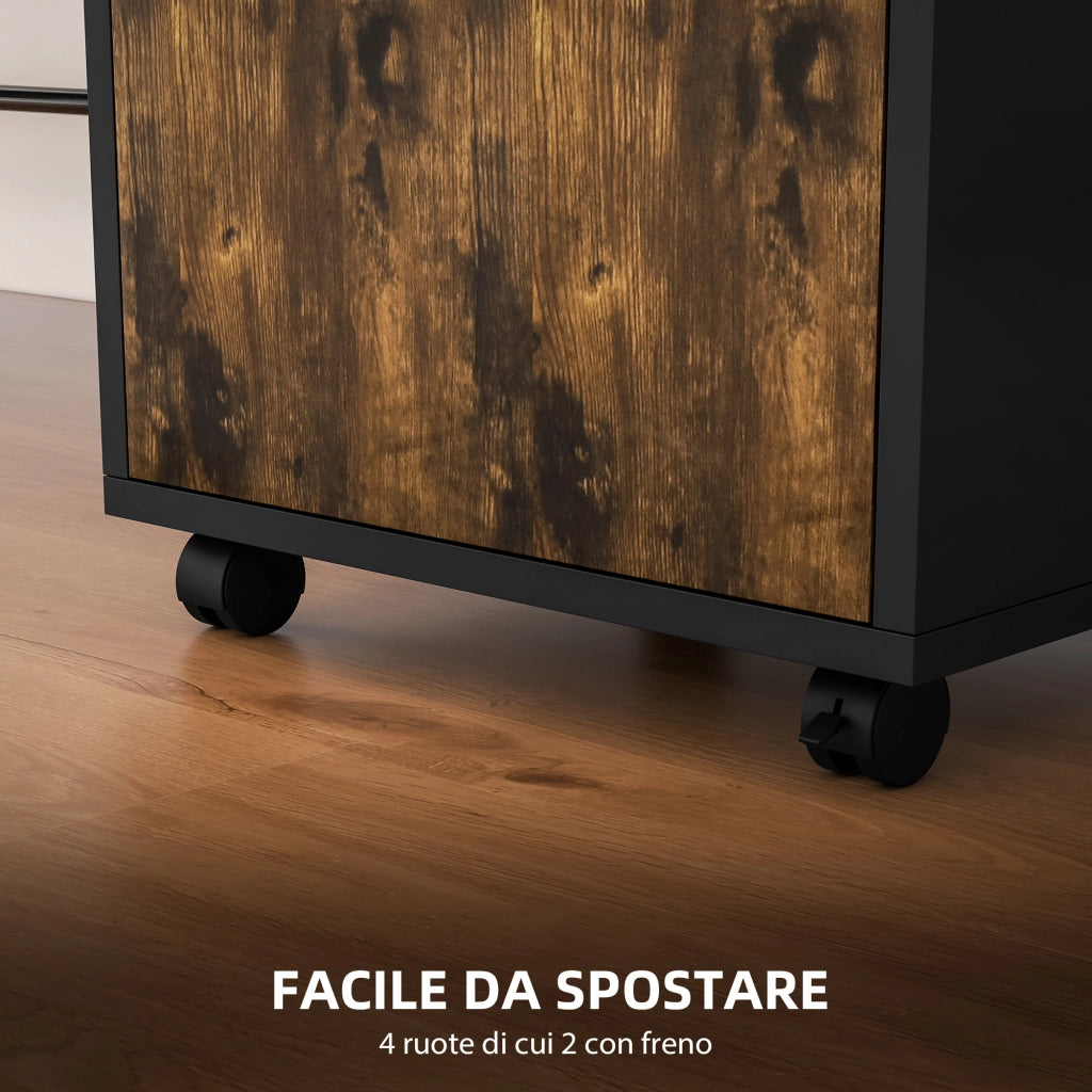 Cassettiera Portadocumenti con Cassetto e Ripiano, 4 Ruote, 40x35x60cm, Marrone e Nero
