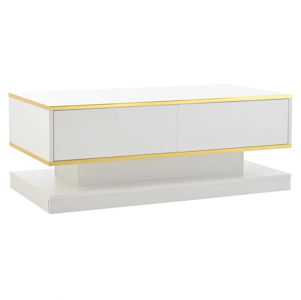 Tavolino da caffè 100x50x38 cm con 2 cassetti; finitura lucida; truciolare; bianco caldo e oro