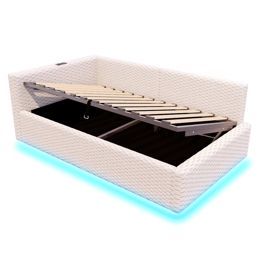 Letto imbottito 90x200 cm con contenitore; LED e ricarica USB-C in velluto