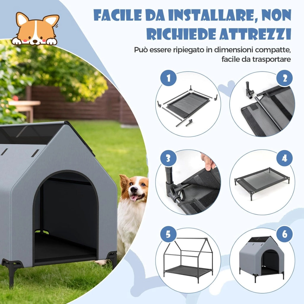 Casetta per Cani di Piccola Taglia Piccola/Media/Grande, Letto Rialzato per Cani da Esterno ed Interno con Copertura Rimovibile ed Impermeabile e Finestre Ventilate (64 x 91 x 86 cm)