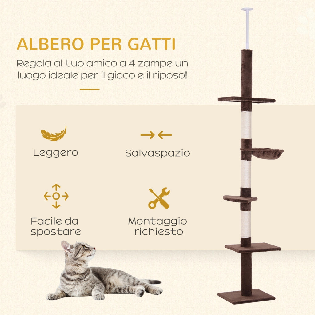 Albero Tiragraffi per Gatti a Soffitto con Amaca ¨C Zephmum ¨C Marrone 40x34x230-260cm