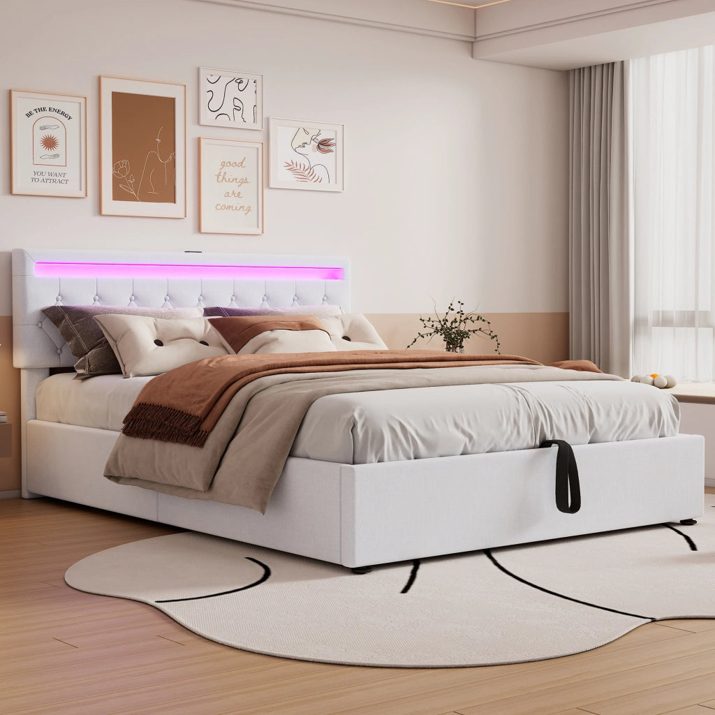 Letto imbottito 160 × 200 cm con contenitore, led, usb e usb-c, senza materasso, bianco