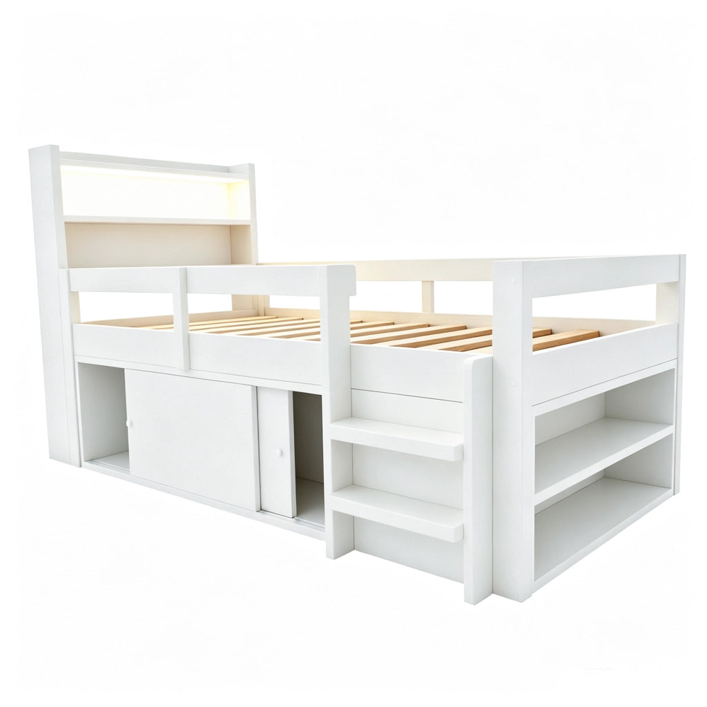 DESMIU Letto a soppalco per bambini 90 × 200 cm con ripiani, LED, USB, senza materasso, in legno, bianco