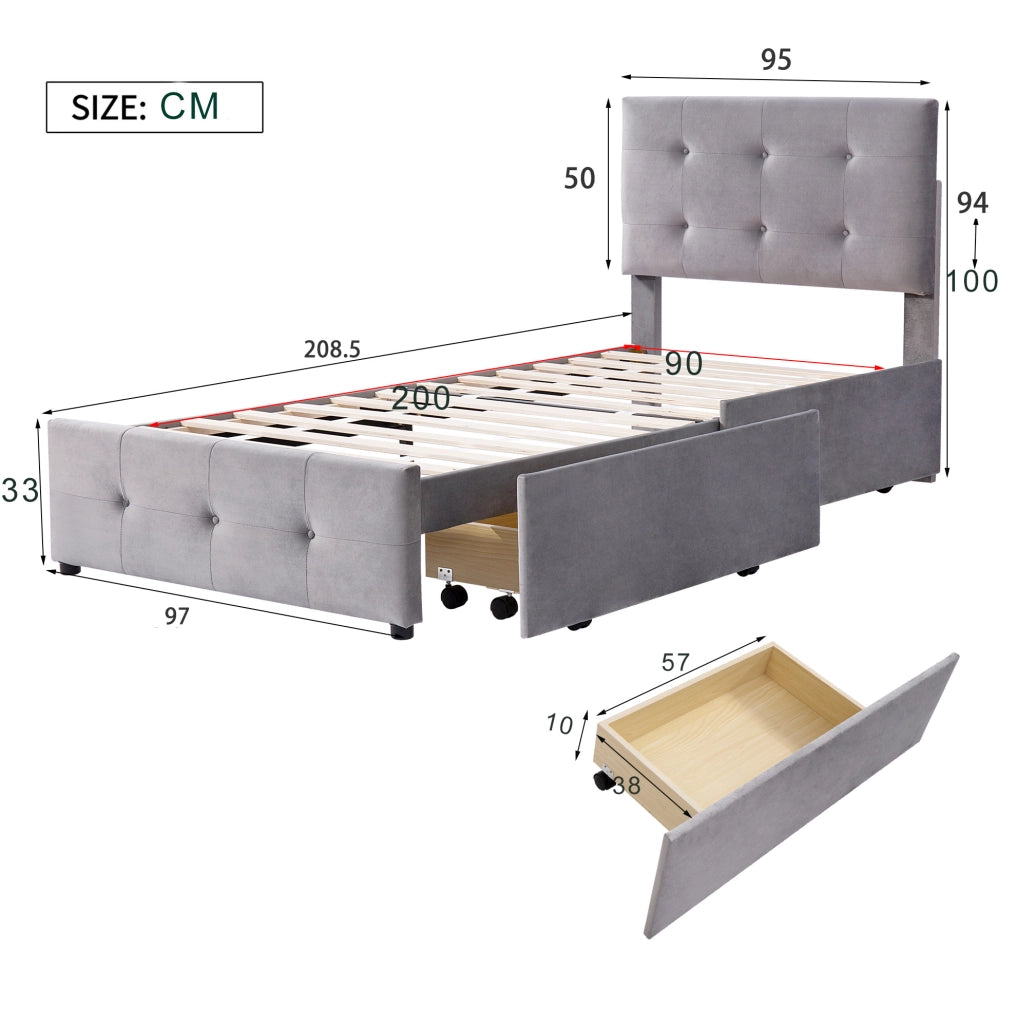 Letto imbottito 90 x 200 cm grigio con rete a doghe e cassetto