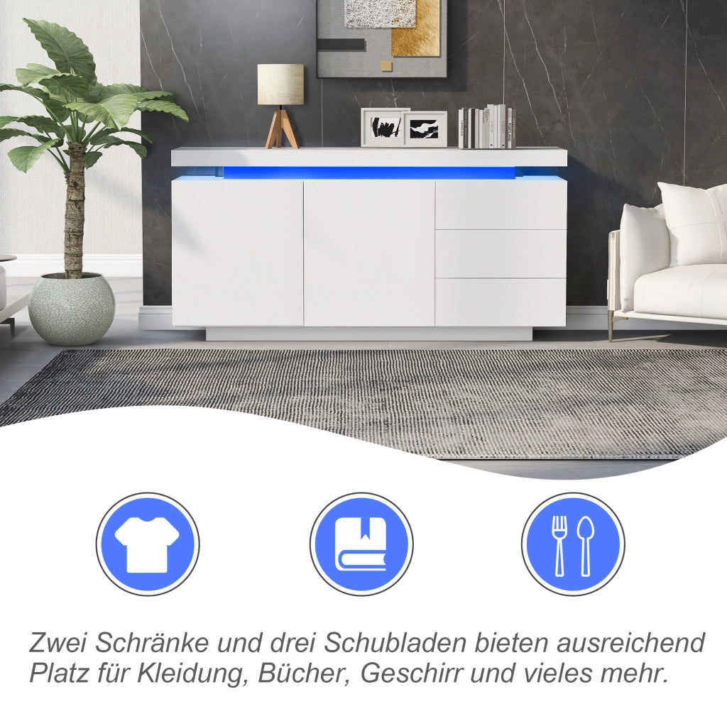 Credenza moderna bianca lucida con illuminazione LED e ampio spazio contenitivo