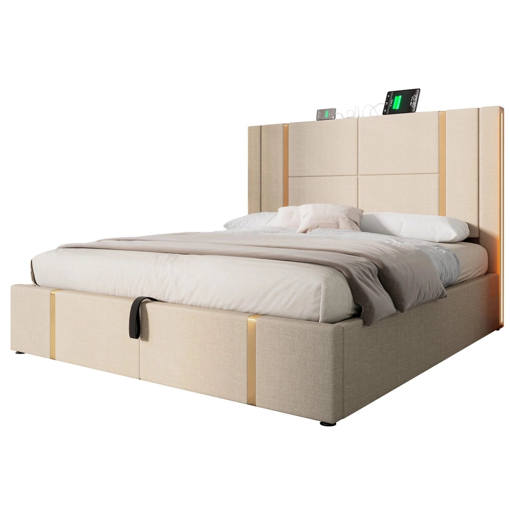 Letto matrimoniale imbottito 180x200 cm beige in lino con LED RGB; USB e Type-C; contenitore