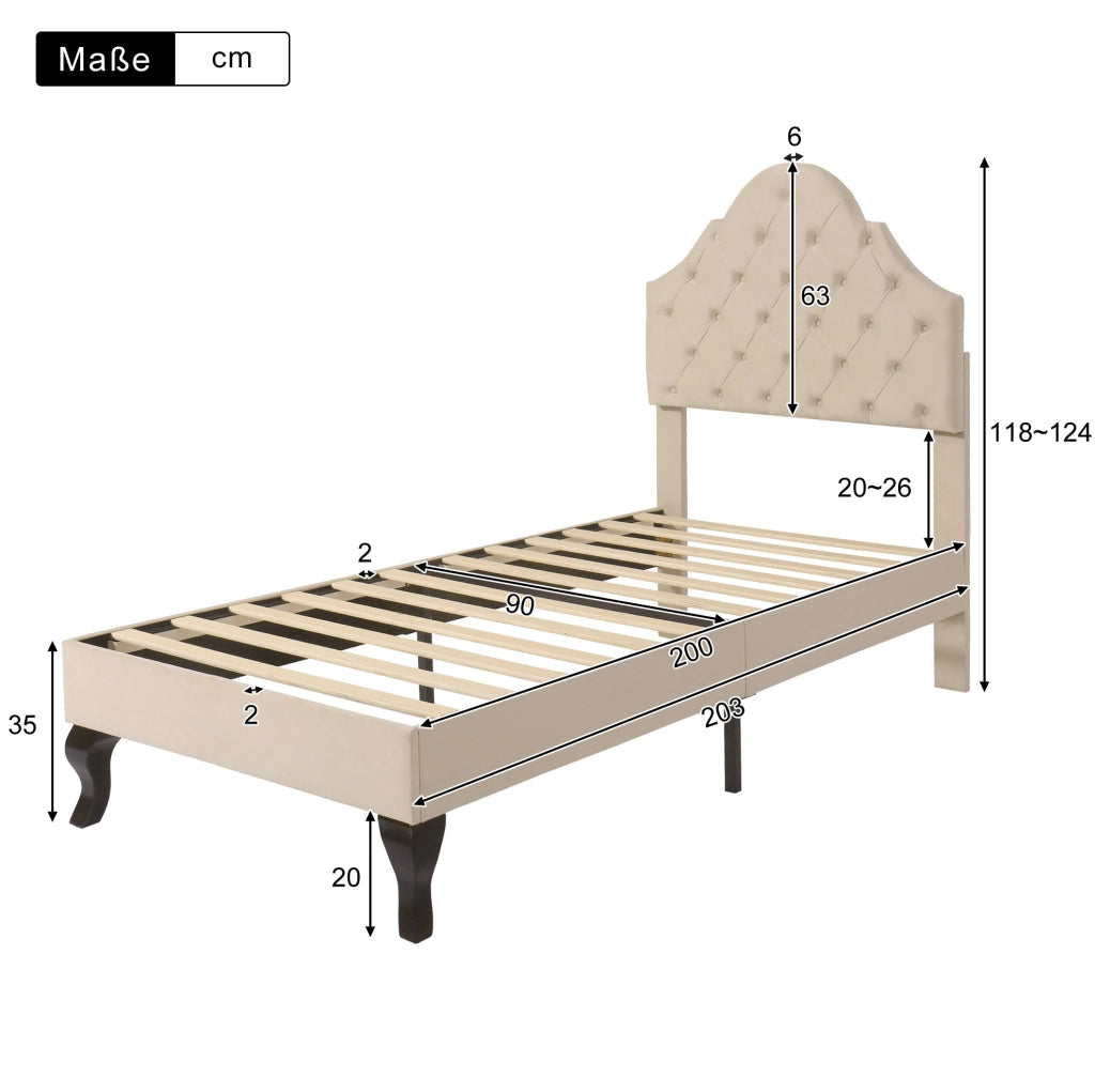 Letto imbottito 90x200 cm con rete a doghe e testiera regolabile in velluto beige