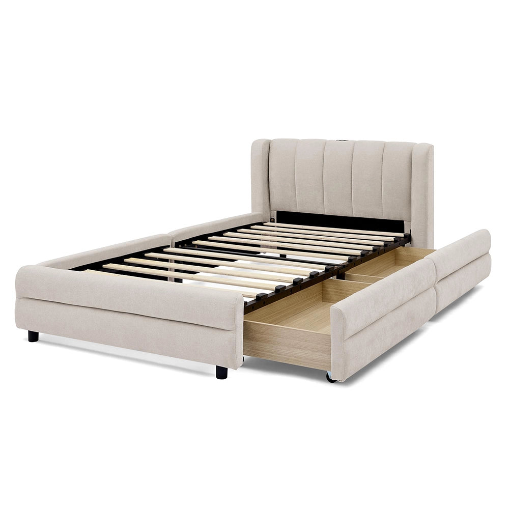 Letto singolo con cassetti - Xylo - 90x200 cm - Beige - Tessuto chenille, USB, design ergonomico