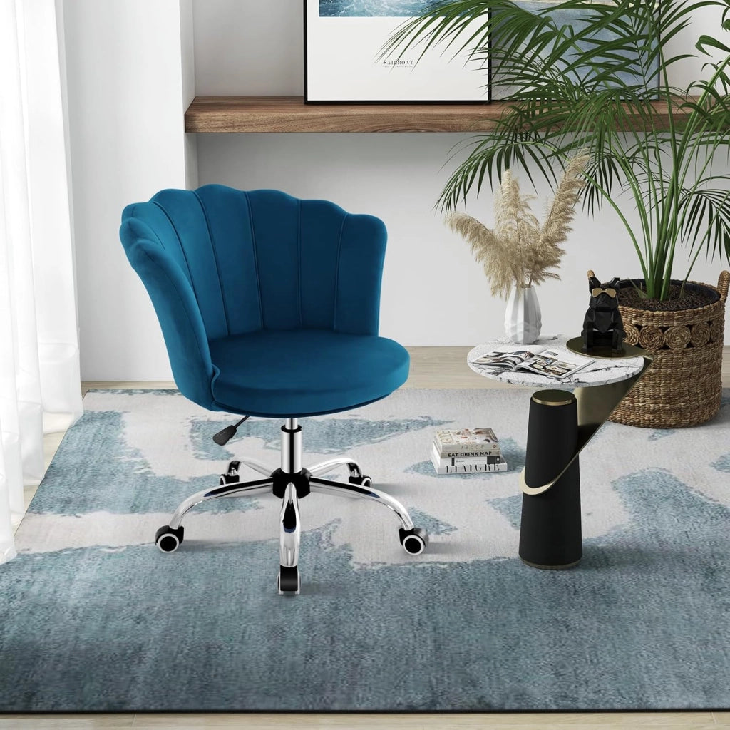 Sedia da Scrivania in Velluto, Poltrona Girevole con Altezza Regolabile, con Schienale a Forma di Petalo e Ruote, per Casa Ufficio, Carico Massimo 150 kg (Blu)