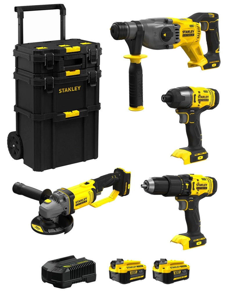 STANLEY FatMax Kit SVK401 (SFMCH900  + SFMCG400  + SFMCD711 + SFMCF800 + 2 x 4,0 Ah + Caricabatteria + Caddy 3in1)