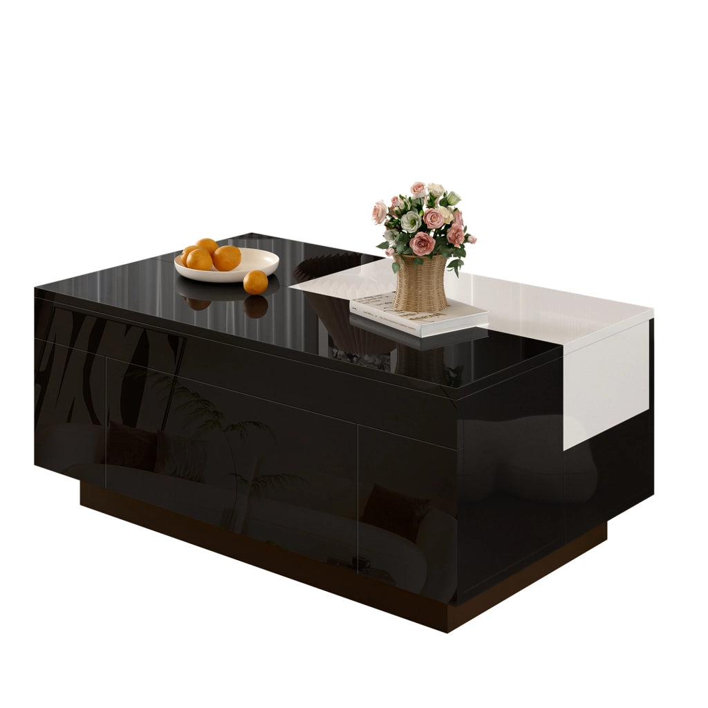 Tavolino da salotto alzabile con 1 Cassetto nascosto e LED Bluetooth; finitura lucida; in MDF; Nero e Bianco
