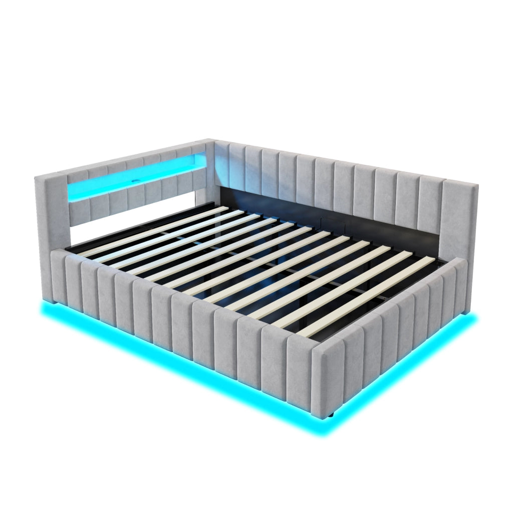 DESMIU Letto matrimoniale 140 × 200 cm con contenitore idraulico, LED, USB, senza materasso, in velluto, grigio