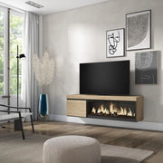 Mobile TV Soggiorno, 158x35x45cm, Per TV fino a 65", Camino elettrico XXL, da appendere, colore Rovere RF3254