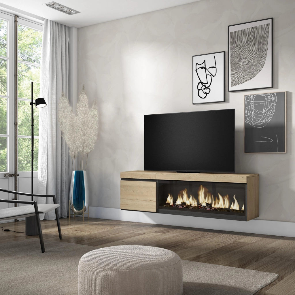 Mobile TV Soggiorno, 158x35x45cm, Per TV fino a 65", Camino elettrico XXL, da appendere, colore Rovere RF3254