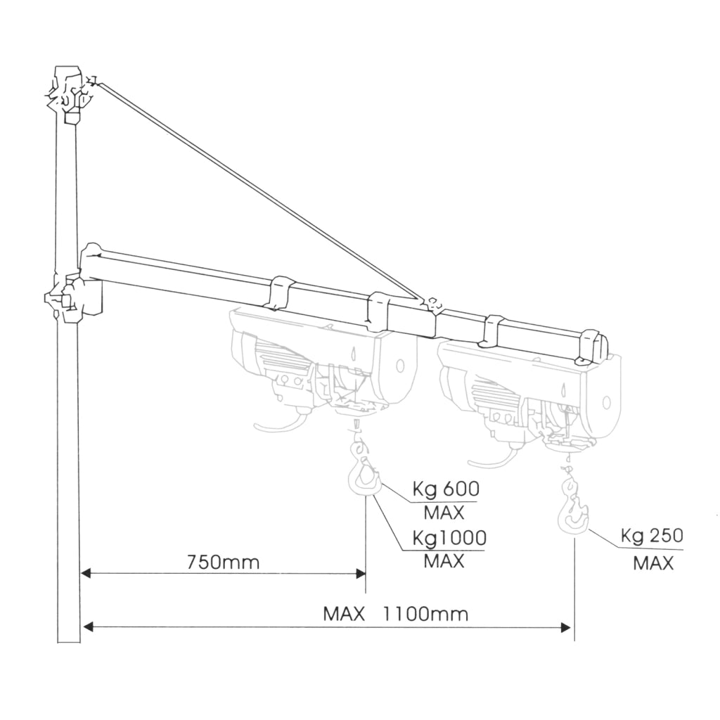 Supporto a bandiera per paranco 600kg 110cm braccio girevole