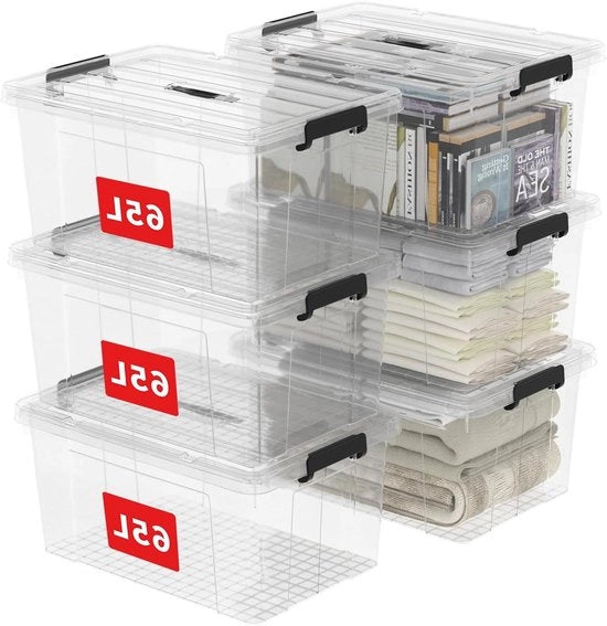 Organizzatore in Plastica da 65L con Coperchio - Contenitore per Organizzazione con Maniglia e Blocco di Sicurezza - Stivabile e Riassorbibile - Borsa da Trasporto per Ufficio e Abbigliamento