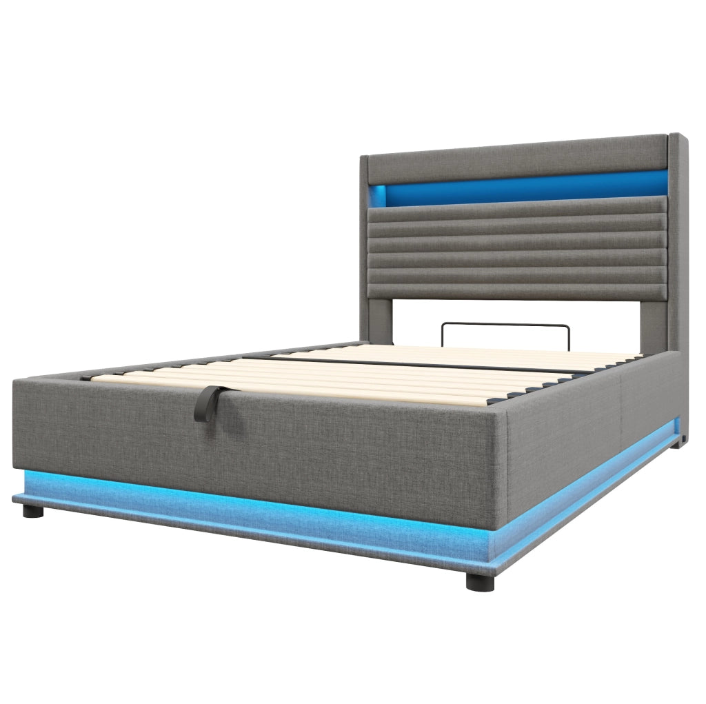 Letto matrimoniale contenitore 140x200 cm in lino grigio con LED; USB e USB-C