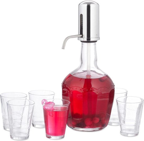 Dispensatore di Bevande in Vetro con Pompa Manuale - 6 Bicchieri - 2,4 Litri - Ideale per Succo e Acqua