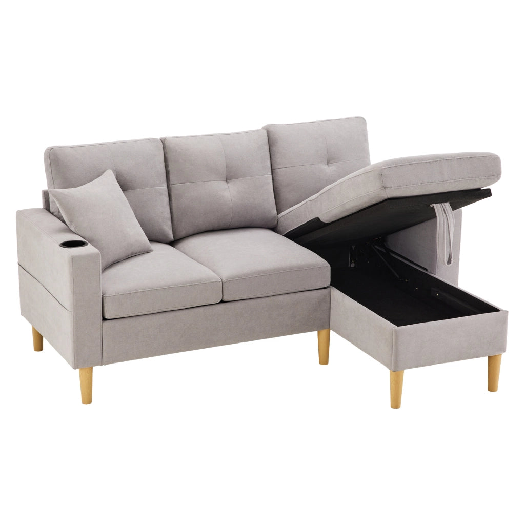 Divano con chaise longue 175x129x90 cm con contenitore e portabicchieri in cotone e lino grigio chiaro