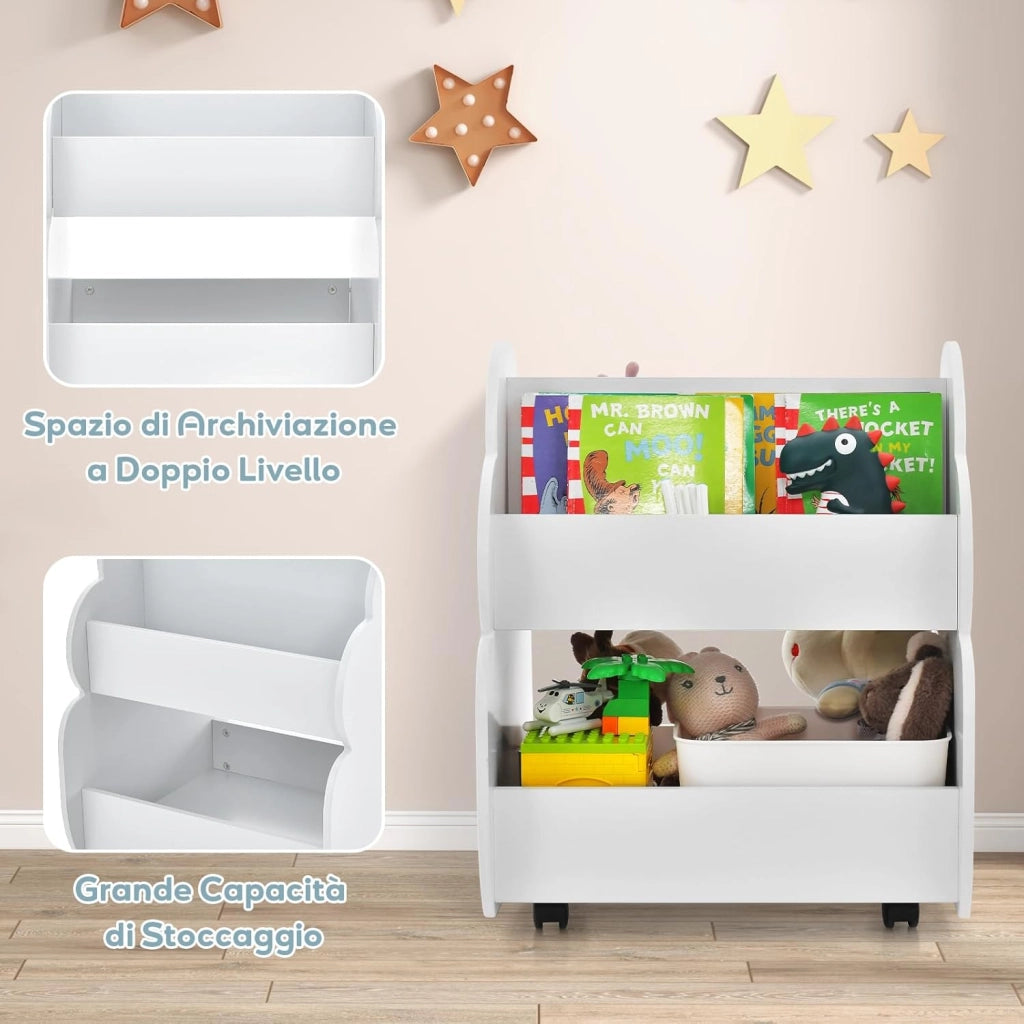 Libreria Montessoriana Doppio Lato per Bambini con Ruote, Scaffale Portaoggetti Multifunzione a 2 Livelli con Angoli Arrotondati, Libreria Bassa per Cameretta e Asilo, 52x47x63,5 cm, Bianco