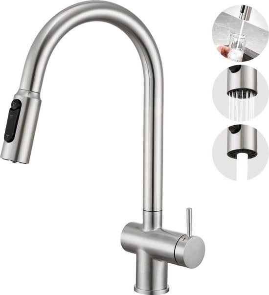 3 vie spiralette di rubinetto da cucina, rubinetto cucina con doccia ritrattile, rubinetto da cucina, 2-in-1 rubinetto per miscelazione per lavabo con sensore di umidità per filtro acqua, in acciaio inossidabile lucidato