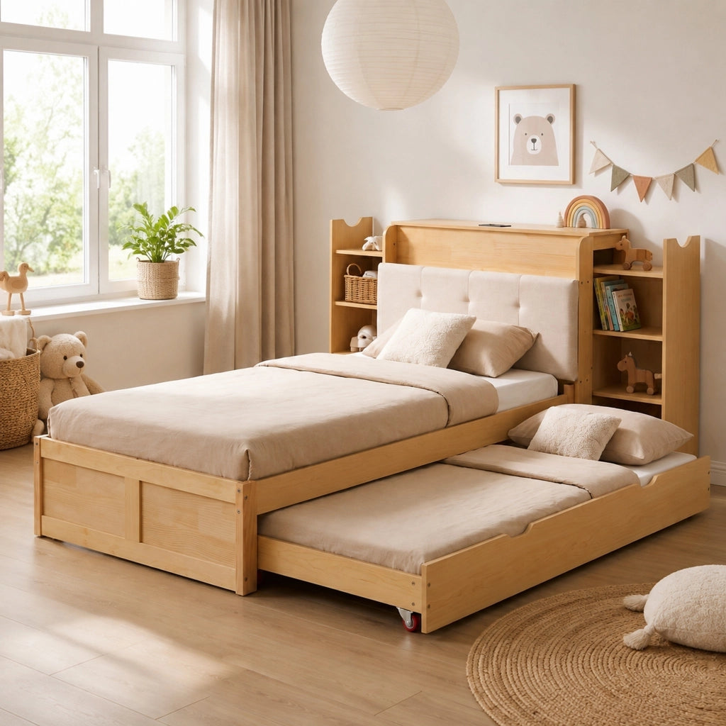 Letto multifunzionale 90x200 cm con letto estraibile; presa EU e USB; legno ingegnerizzato naturale e beige