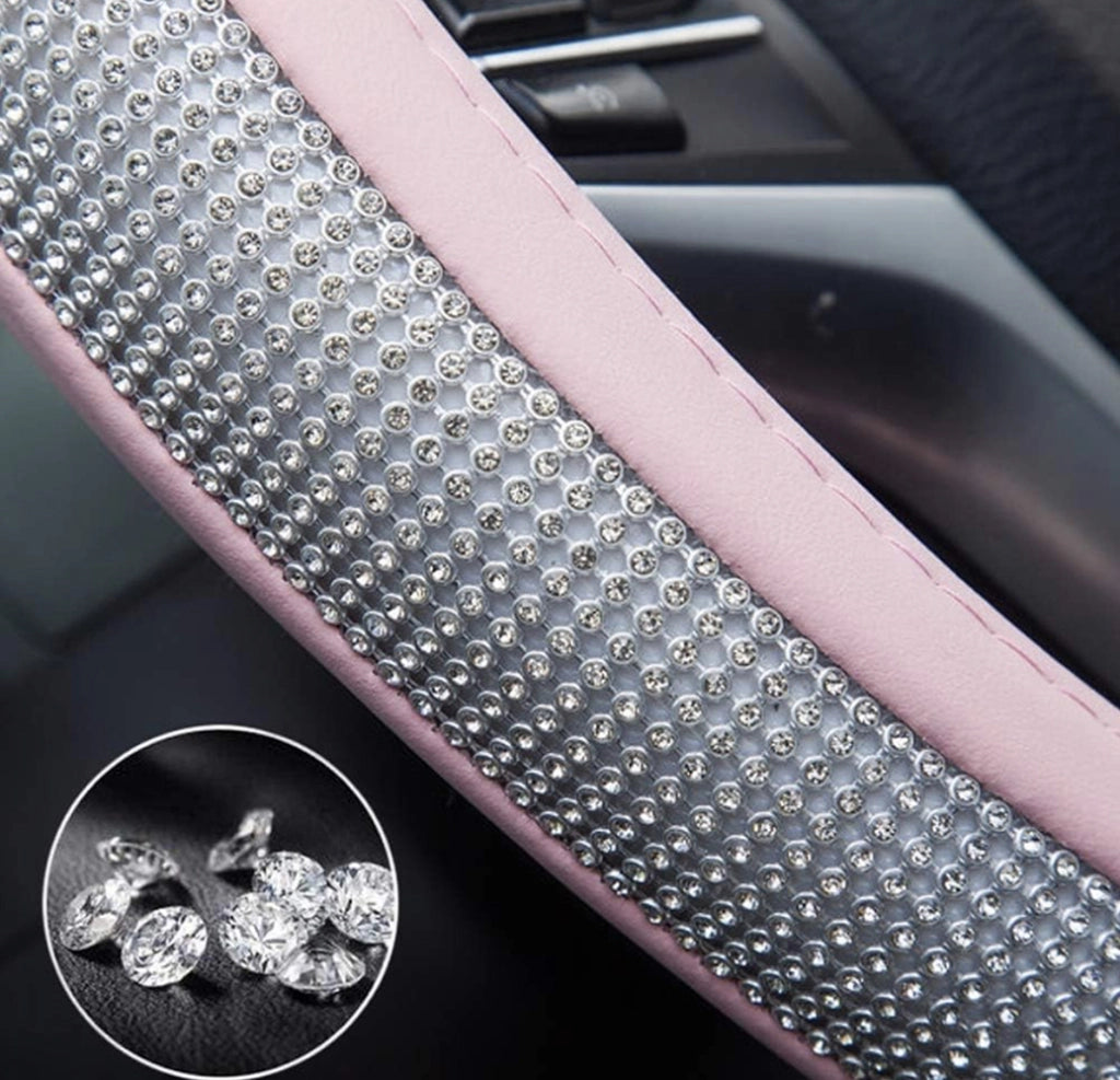 Coprivolante per Auto Rosa Diamond Strass Bling 38cm Pelle PU Antiscivolo Stile Glitter per Donna Ragazza