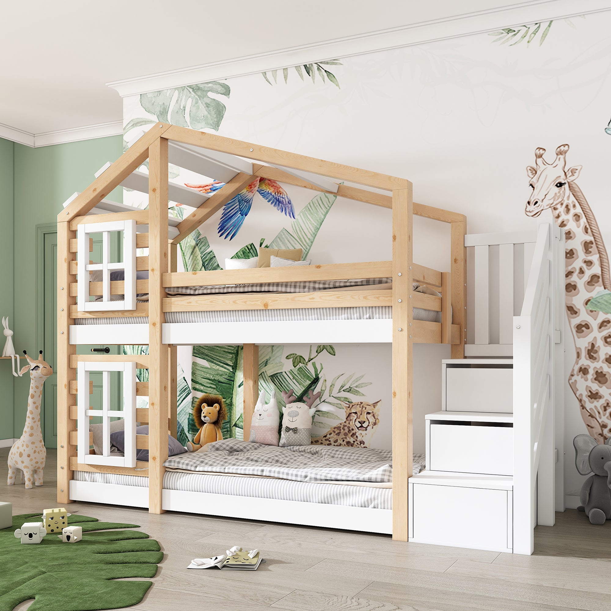 Letto a castello per bambini - Xylo - 90x200 - Bianco-marrone - Con protezione