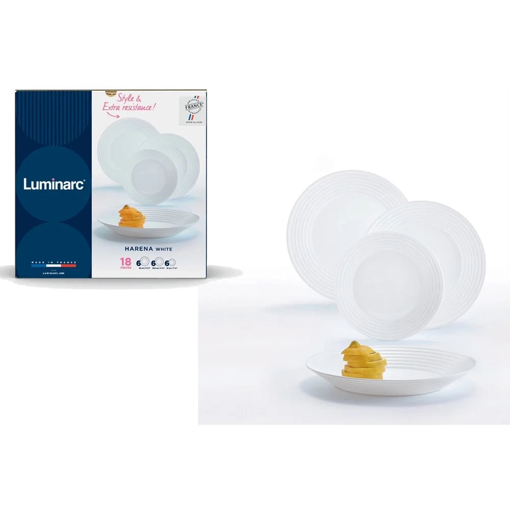 Trade Shop - Set Servizio Di Piatti Da Tavola Bianco 18 Pz In Vetro Opalino Design Moderno Con Cerchi -