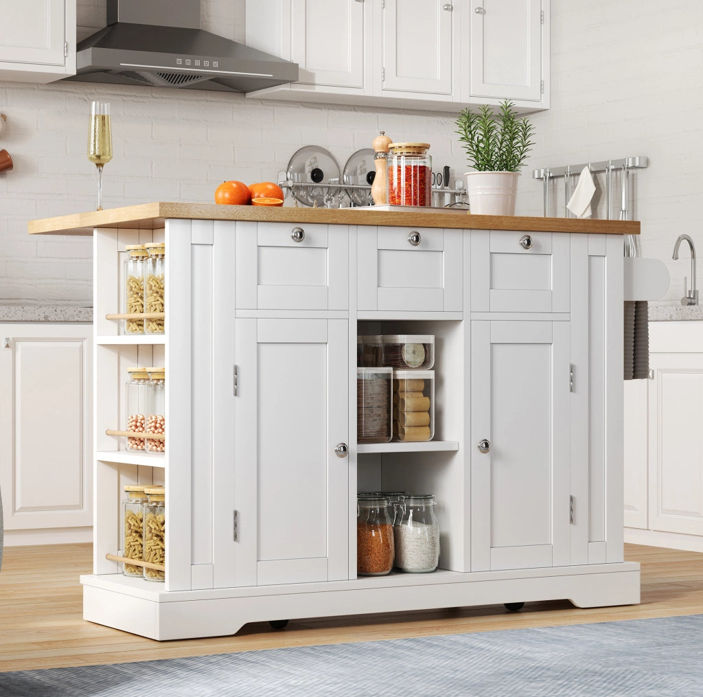 Isola da cucina mobile 132 cm con piano pieghevole, prese USB, in MDF bianco e naturale