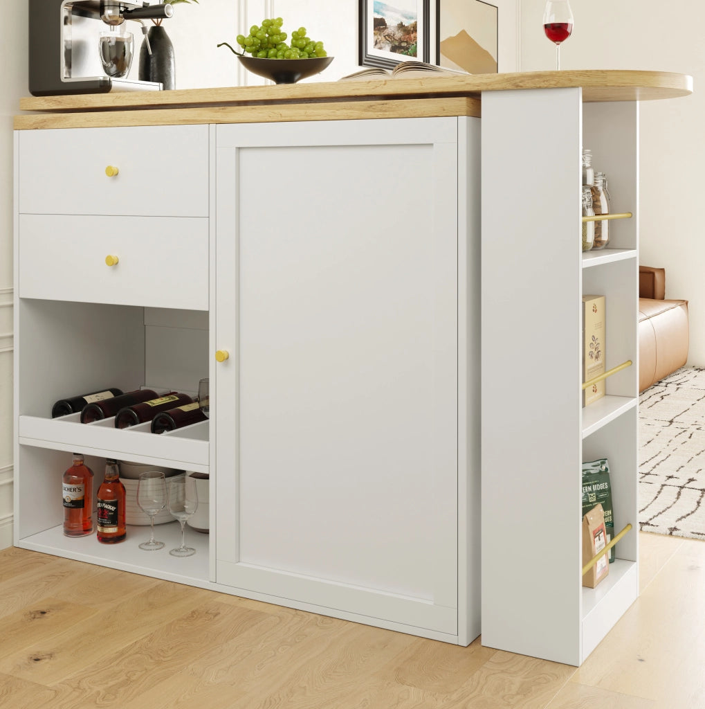 Mobile girevole in MDF bianco con ripiani laterali rotanti e cassetti