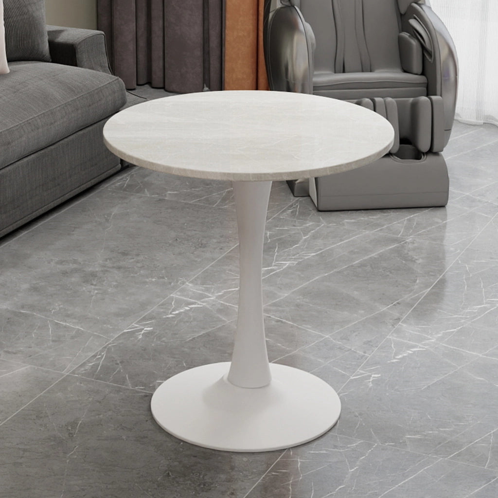 Tavolo da pranzo - rotondo 70 cm - stile mid-century - marmo venato bianco - per 2-4 persone - bianco
