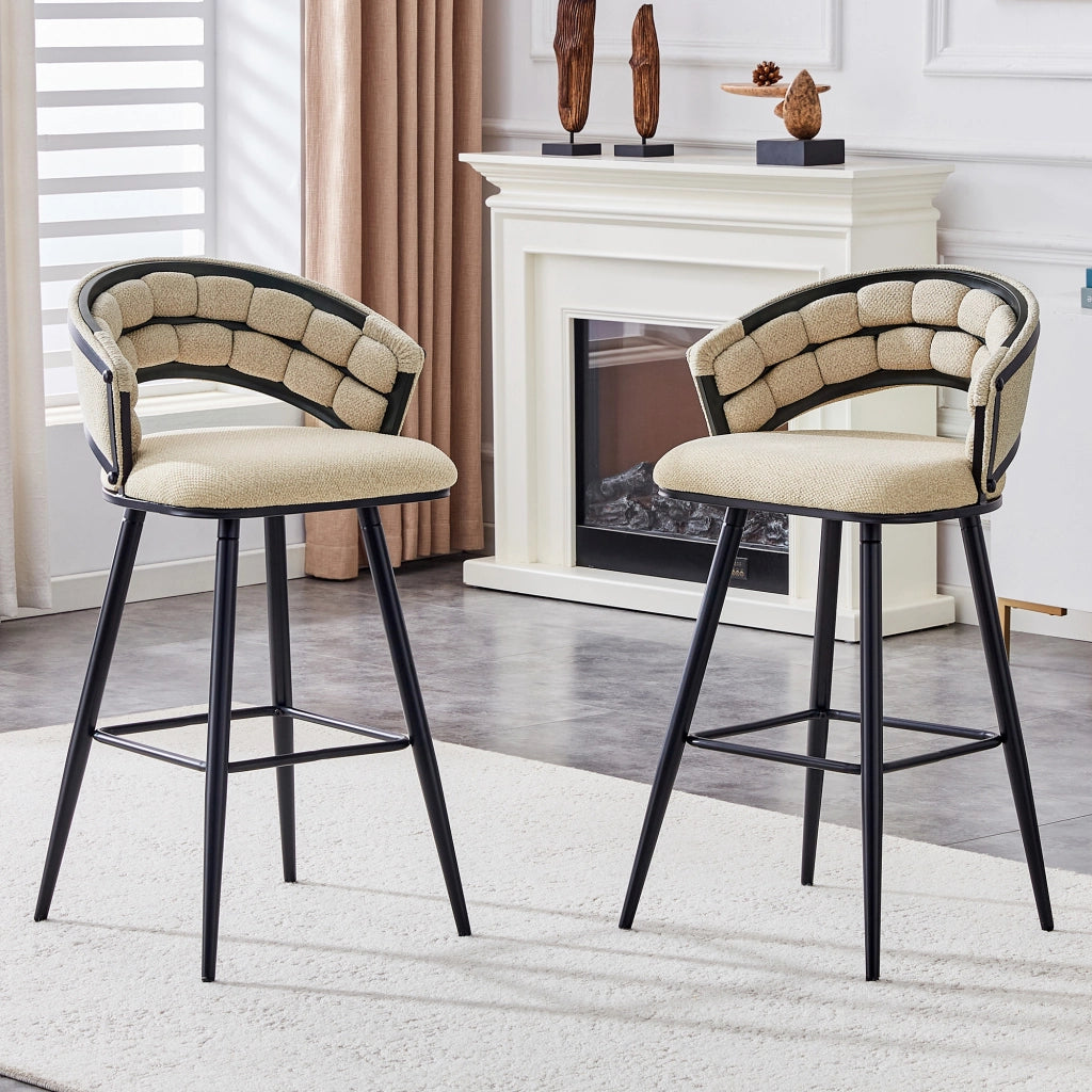 Sgabello da bar in velluto con schienale intrecciato e poggiapiedi, struttura in metallo beige nero 71 × 61 × 37 cm