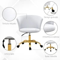 Sedia da Ufficio Regolabile in Altezza con Seduta Girevole e Rivestimento in Velluto Teddy, Bianco e Oro