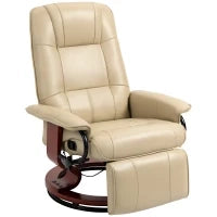 Poltrona Relax Reclinabile con Poggiapiedi, Regolabile, Girevole a 360°, Base in Legno, Rivestimento Sintetico, Crema